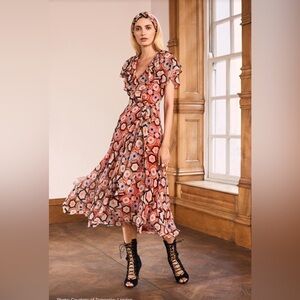 Temperley London Multi Color Crochet Print Silk Wrap Midi Dress UK 12 US 8
